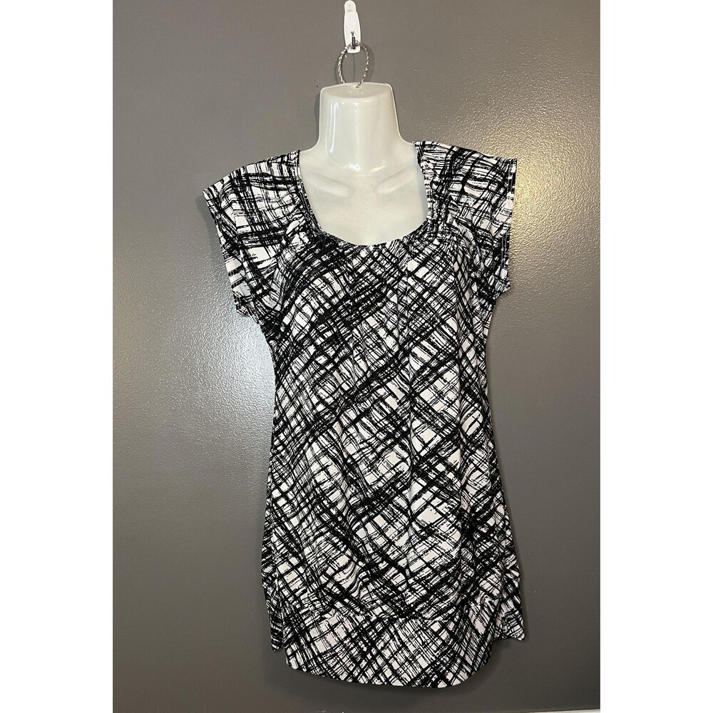 Prestige Edge Tunic Top Womens Large Black White Geometric Stretch Blouse Scoop